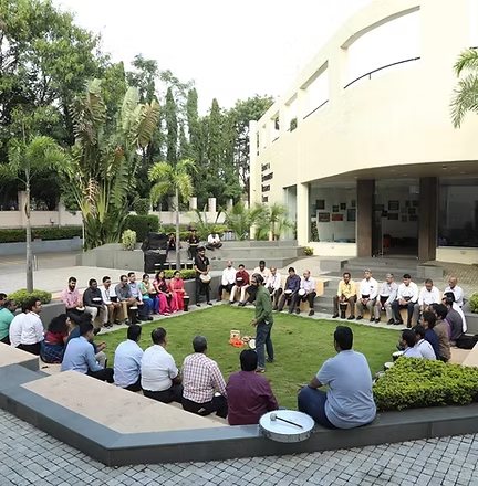 Corporate drum circle in a courtyard
